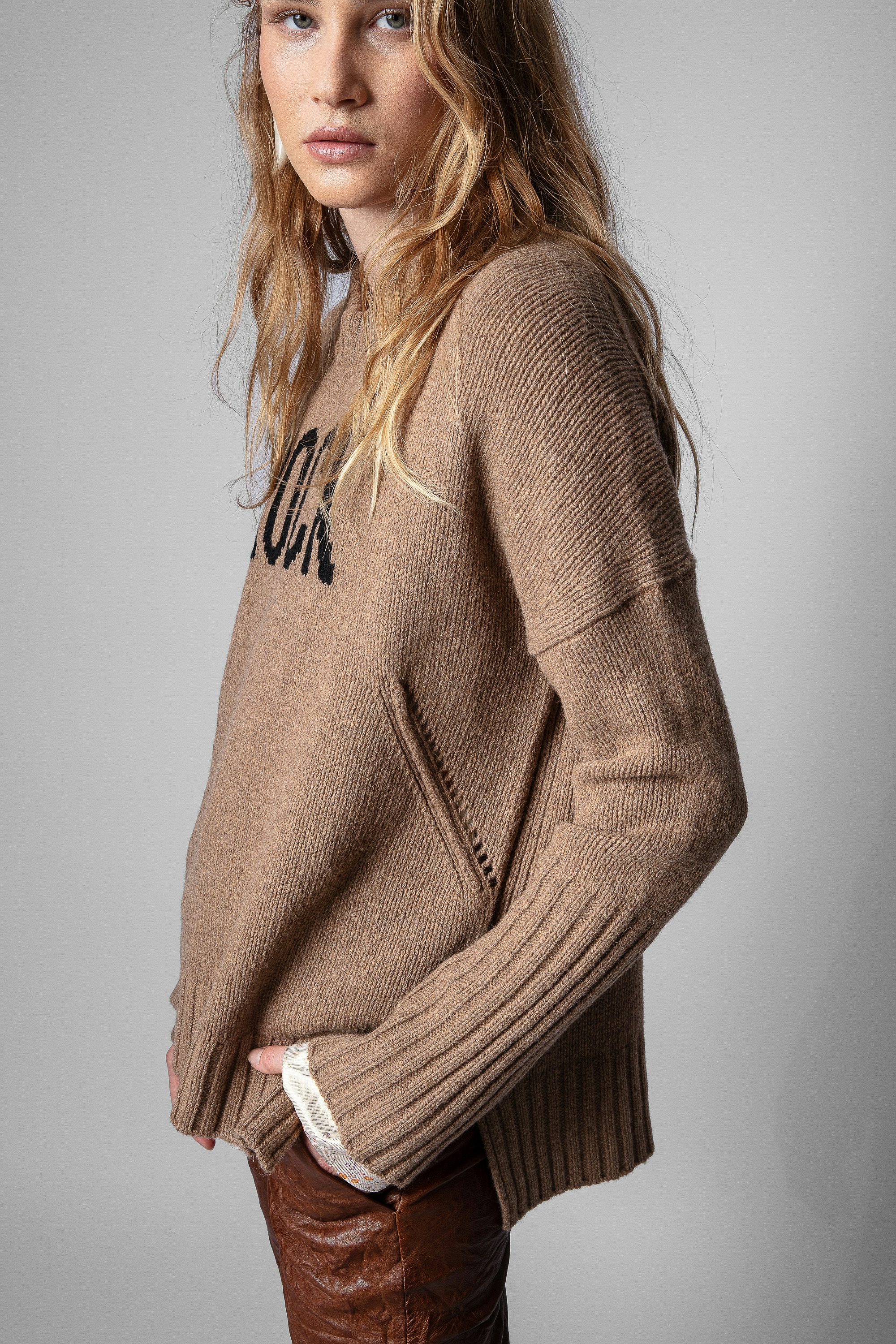 Malta Sweater - Women's cognac merino wool turtleneck sweater with covered buttons